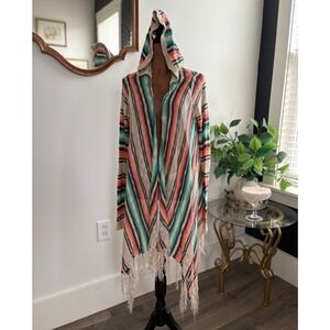Daytrip Striped‎ Knit Hooded Fringe Cardigan Sweater Bohemian Boho Medium